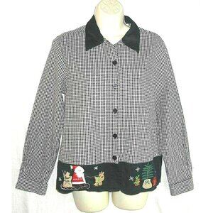 Womens Christmas Shirt embroidered Santa Gingham Plaid top Sz M Lemon Grass LS